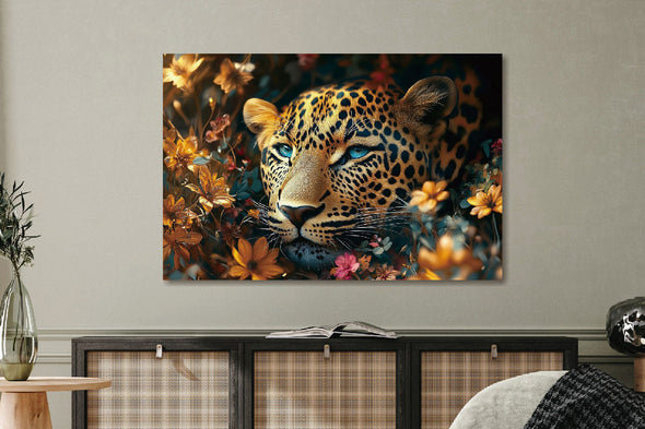 Schilderij 120x80 Panter tussen de bloemen (Glas)