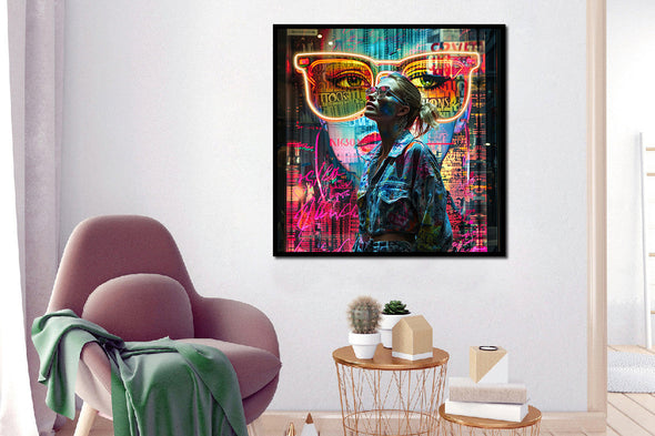 Schilderij met LED verlichting en lijst 80x80 Vrouw met gekleurde bril (Glas)