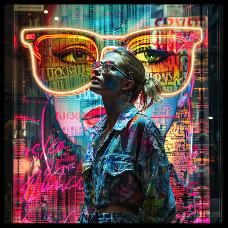 Schilderij met LED verlichting en lijst 80x80 Vrouw met gekleurde bril (Glas)