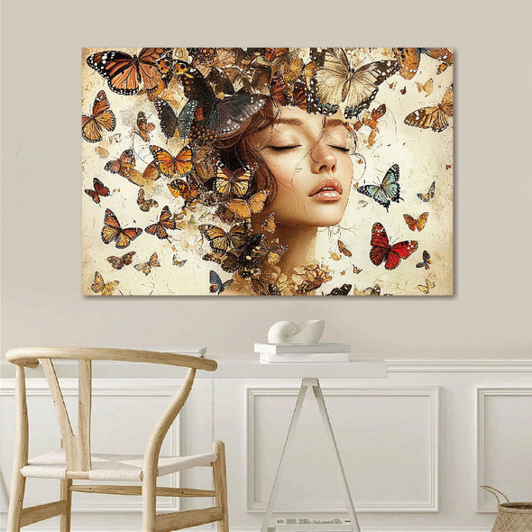 Schilderij met 3D reliëf 160x110 Vrouw met oranje vlinders (Glas)