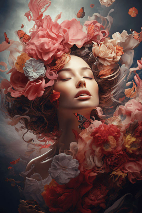 Schilderij 80x120 Vrouw met rode bloemen (Glas)