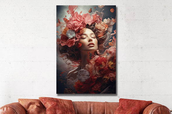 Schilderij 80x120 Vrouw met rode bloemen (Glas)