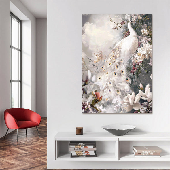 Schilderij met 3D reliëf 80x120 Witte pauw (Glas)