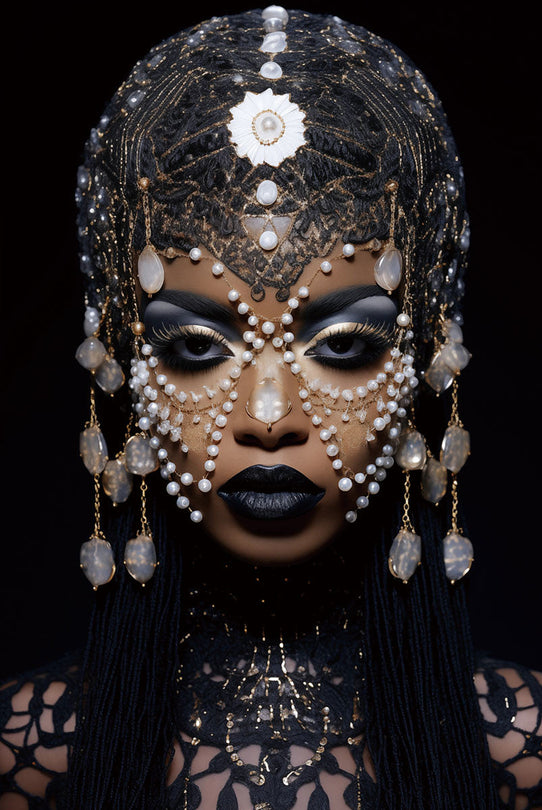 Schilderij 80x120 Vrouw met blauwe/witte sieraden (Glas)