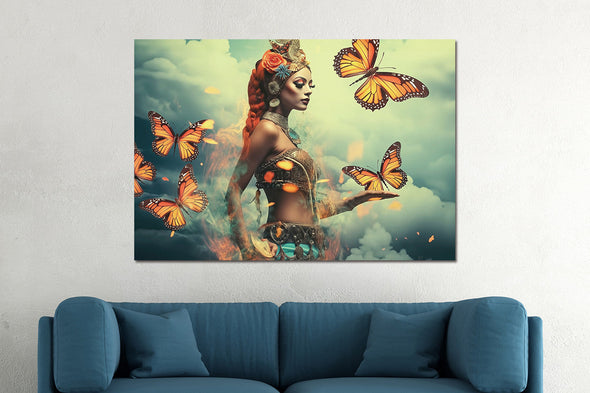 Schilderij 160x110 Vrouw met vlinders (Glas)