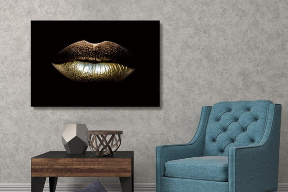 Schilderij 120x80 Gouden Lippen (Glas)