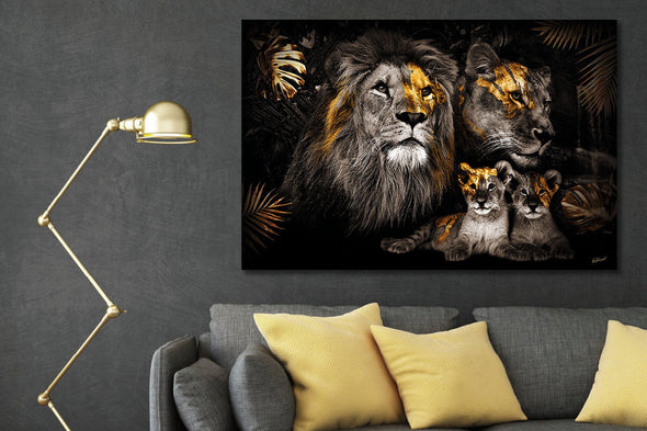 Schilderij 120x80 Leeuwenfamilie met 2 welpjes goud (Glas)