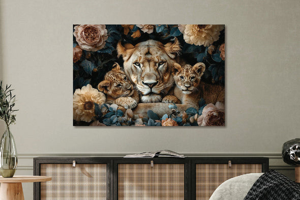 Schilderij 120x80 Liggende tijgers tussen de bloemen (Glas)