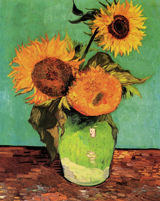 Vaas met drie zonnebloemen