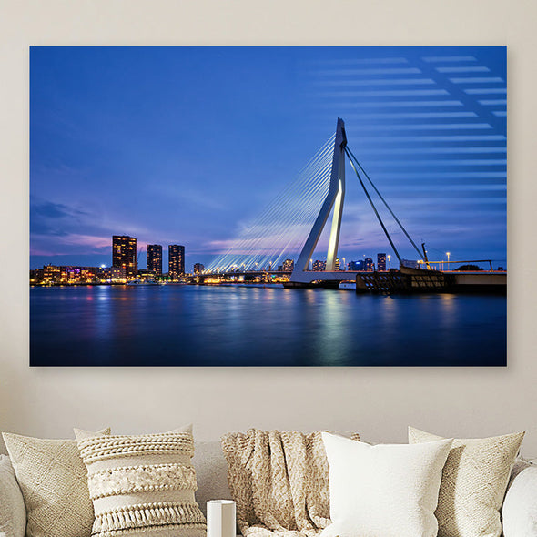 Schilderij Skyline Rotterdam met Erasmus brug (Dibond /  Plexiglas)