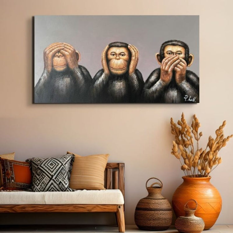 Schilderij - Chimpanzee: No See, No Hear, No Speak
