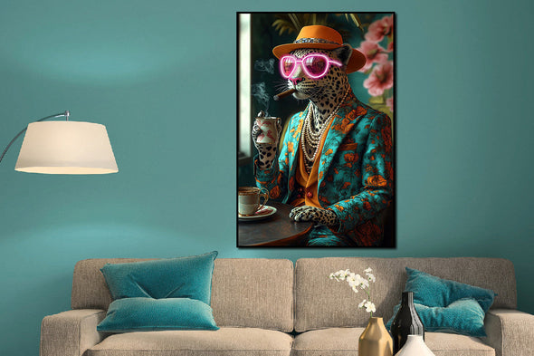 Schilderij met LED verlichting en lijst 80x120 Panter met roze bril (Glas)