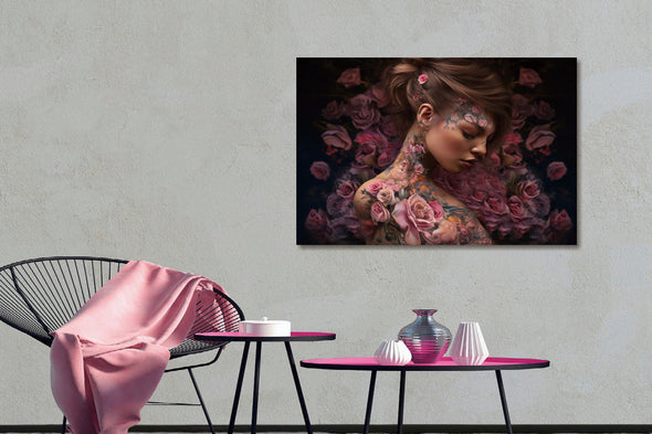 Schilderij 120x80 Vrouw met roze rozen (Glas)