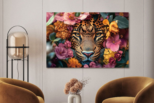 Schilderij 120x80 Panter in bloemenzee (Glas)