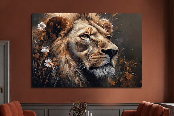 Schilderij 120x80 Leeuw met witte bloemen (Glas)