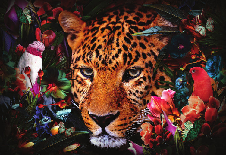 Schilderij 160x110 Panter met bloemen (Glas)