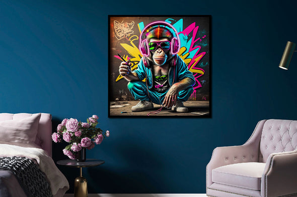 Schilderij met LED verlichting en lijst 80x80 Muziek aap (Glas)