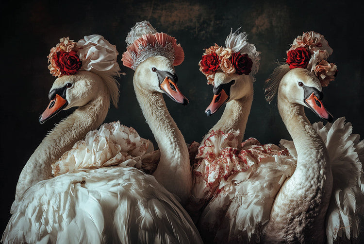 Schilderij 120x80 Zwanen met bloemenhoedjes (Glas)