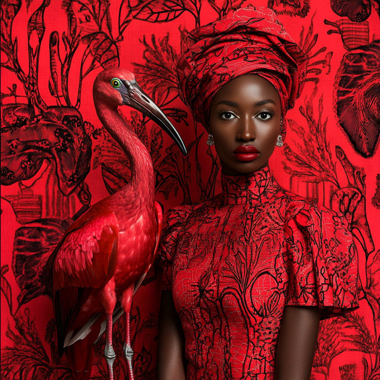 Schilderij 120x120 3D Vrouw met rode Ibis (Glas)