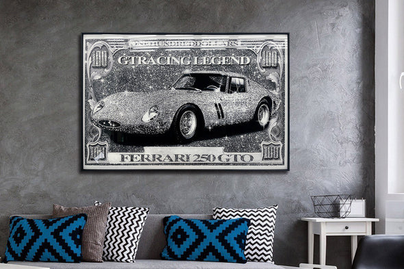 Schilderij met kristallen en lijst 120x80 Auto op briefgeld (Glas)