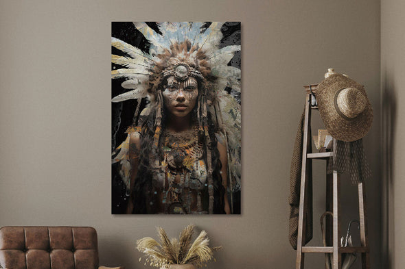 Schilderij 80x120 Indiaan met lange tooi (Glas)