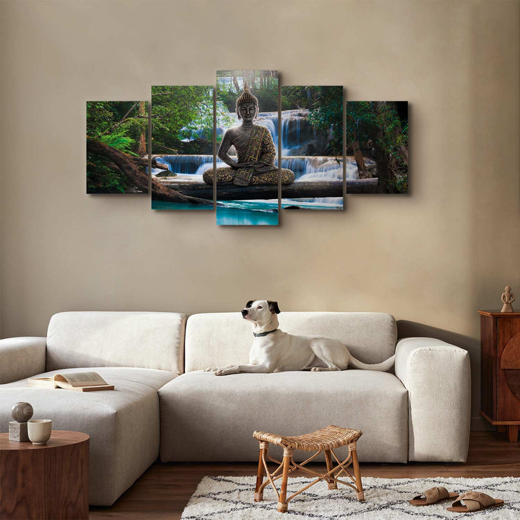 Schilderij - Buddha and waterfall (Canvas)