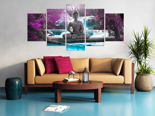 Schilderij - Waterfall and Buddha (Canvas)