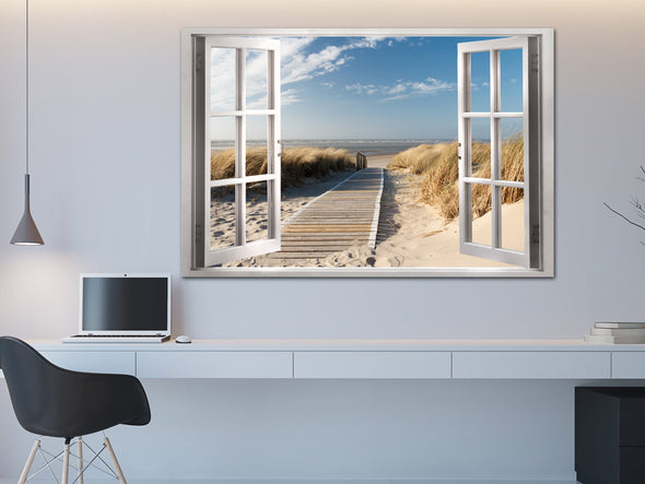 Schilderij - Window: View of the Beach (Canvas)