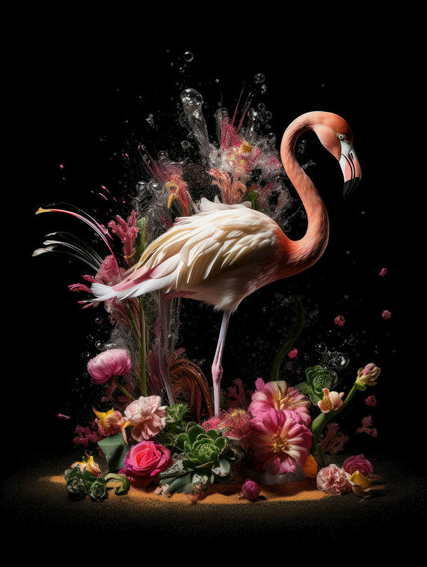 Schilderij met 3D reliëf 80x120 Flamingo met bloemen (Glas)