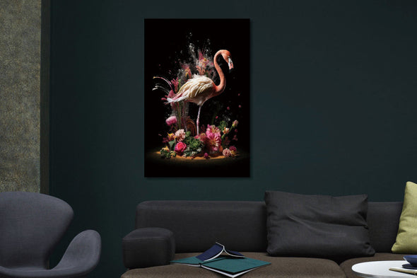 Schilderij met 3D reliëf 80x120 Flamingo met bloemen (Glas)