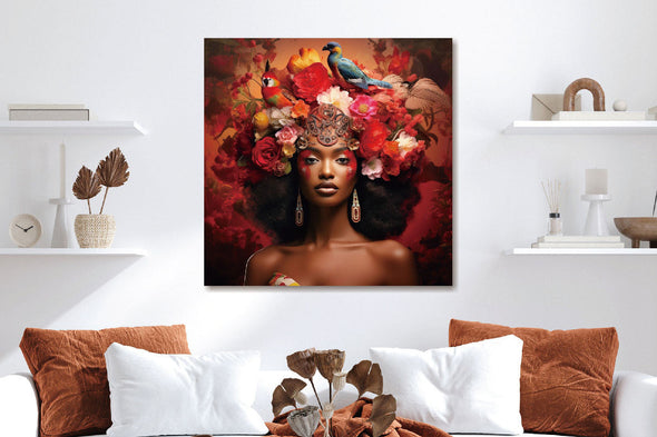 Schilderij 80x80 Vrouw met rode bloemennest (Glas)
