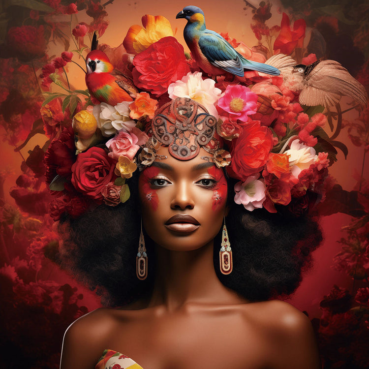 Schilderij 80x80 Vrouw met rode bloemennest (Glas)