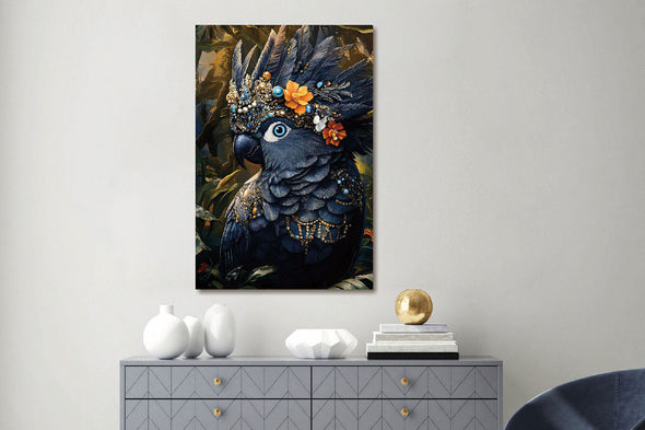 Schilderij 80x120 Papegaai met sierraden (Glas)