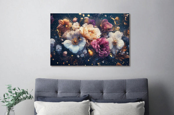 Schilderij 120x80 Bloemen met lichtjes (Glas)