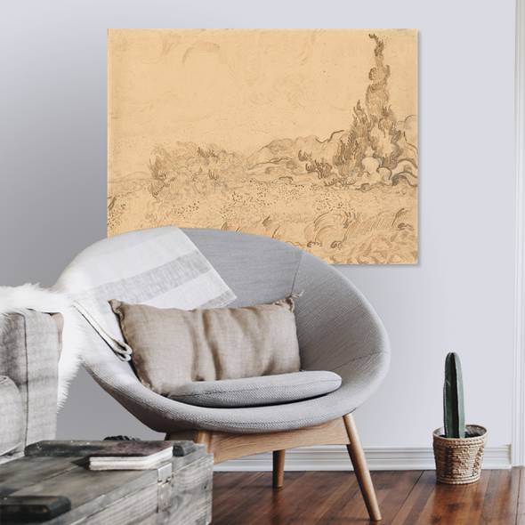 Korenveld met cipressen