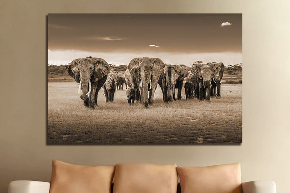 Schilderij 120x80 Olifanten kudde (Glas)
