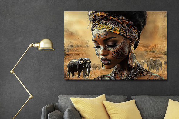 Schilderij 120x80 Vrouw met olifanten (Glas)