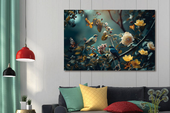 Schilderij 120x80 Vogels op tak met bloemen (Glas)