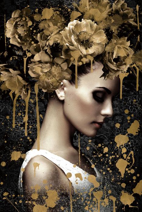 Schilderij 80x120 Vrouw met gouden bloemen (Glas)