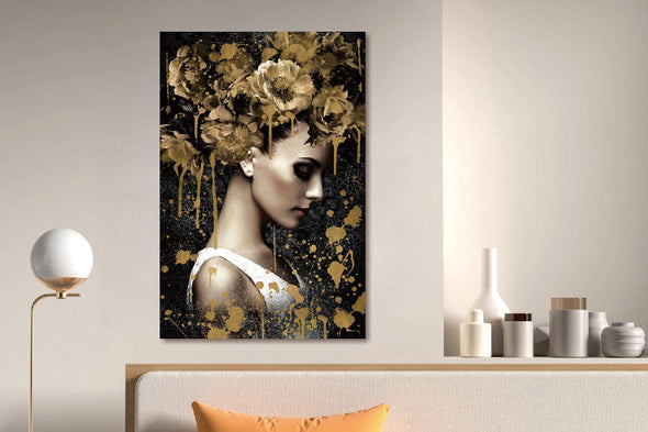 Schilderij 80x120 Vrouw met gouden bloemen (Glas)