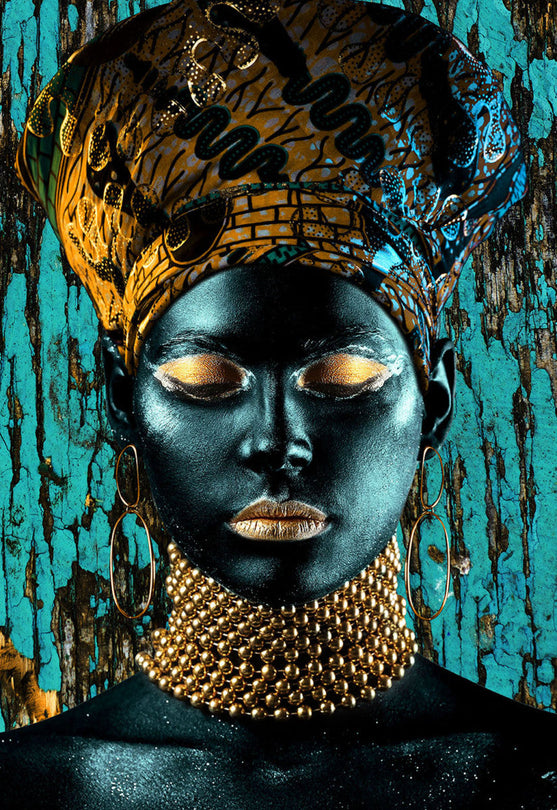 Schilderij 110x160 Vrouw met gouden hoofddoek (Glas)