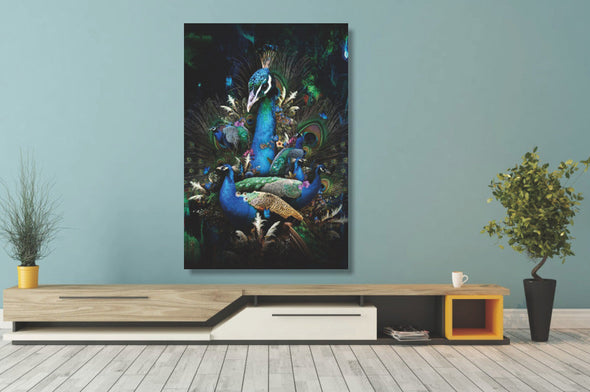 Schilderij 80x120 Blauwe pauwen (Glas)