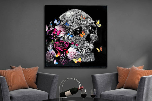 Schilderij met kristallen en lijst 80x80 Doodskop met bloemen (Glas)