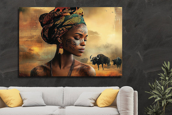 Schilderij 120x80 Vrouw met buffel (Glas)