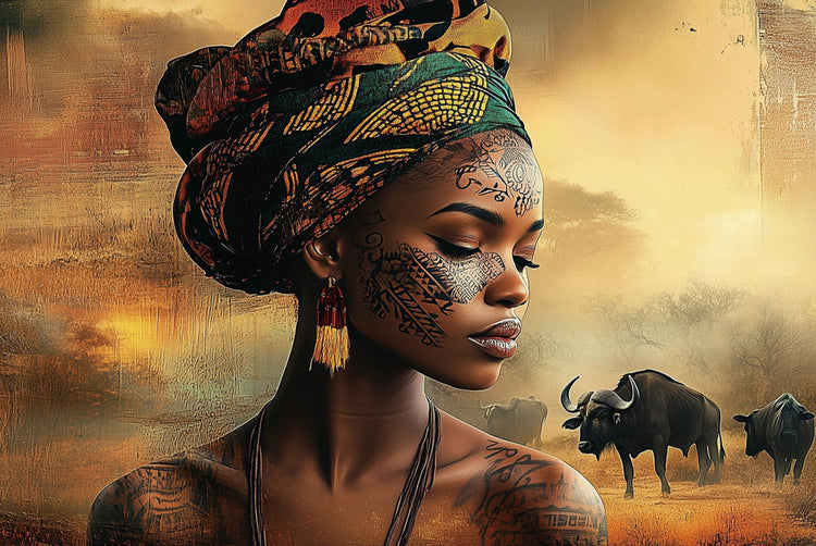 Schilderij 120x80 Vrouw met buffel (Glas)