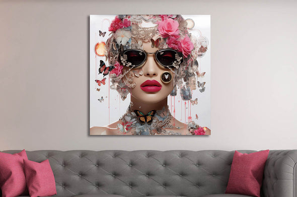 Schilderij 80x80 Vrouw met roze bloemen en vlinders (Glas)