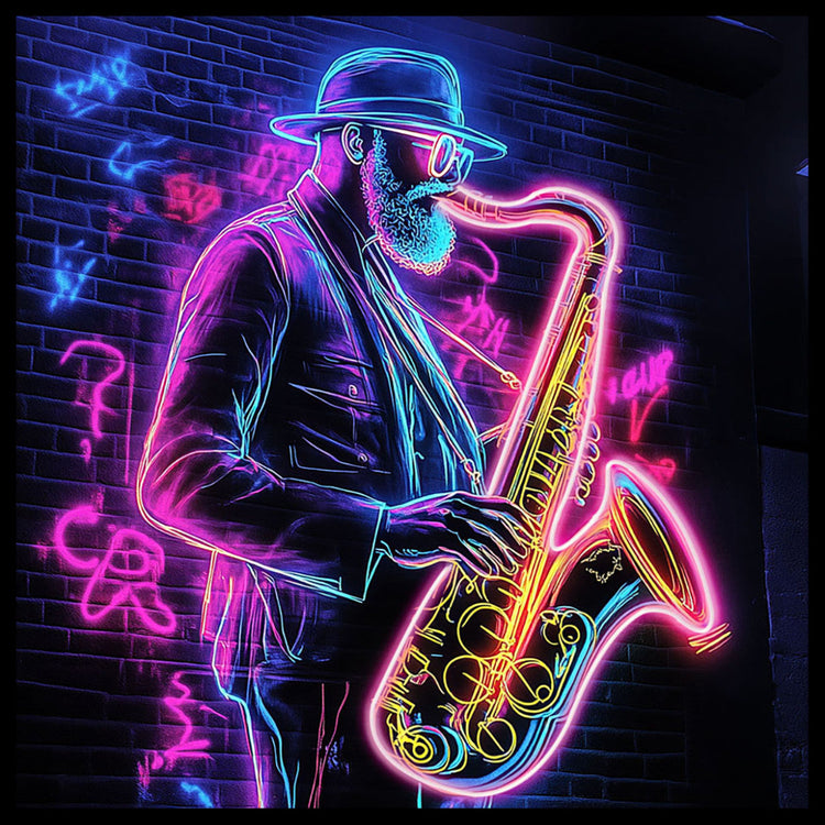 Schilderij met LED verlichting en lijst 80x80 Saxofonist (Glas)