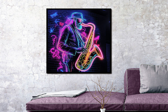Schilderij met LED verlichting en lijst 80x80 Saxofonist (Glas)