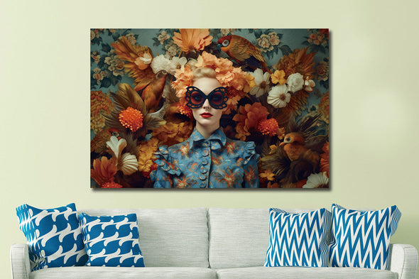 Schilderij 120x80 Dame met vlinderbril (Glas)