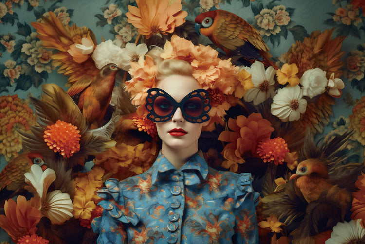 Schilderij 120x80 Dame met vlinderbril (Glas)